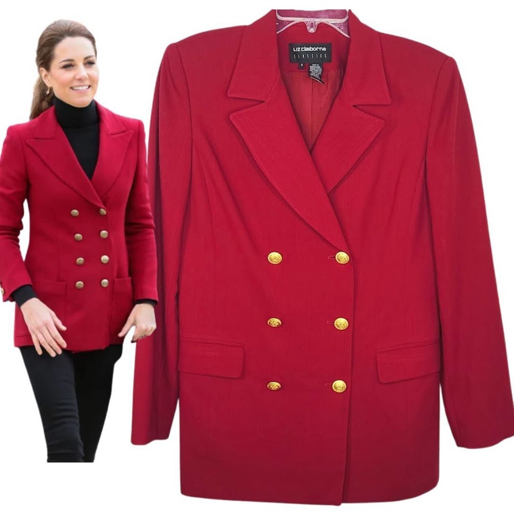 Liz Claiborne Blazer Vintage Jacket Red Wool 8 Double Breasted Gold Buttons Suit